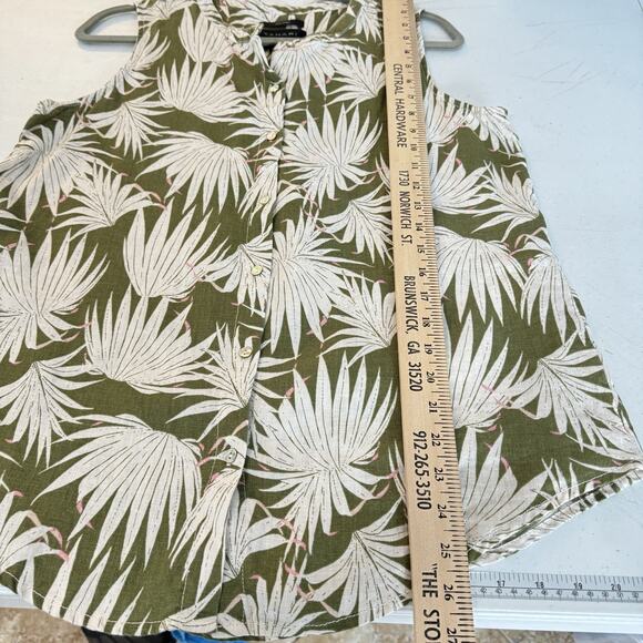 Tahari 100% Linen Tropical Floral Button Up Shirt Sz M Green Sleeveless Hawaiian - Picture 6 of 7